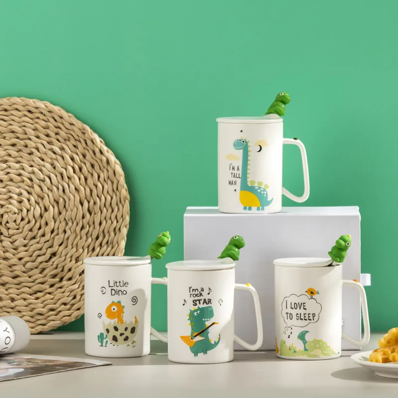 

Creative Ceramic Mugs Cartoon Dinosaur Coffee Mug Cet with Lid Spoon Cute Large Capacity Tea Cup Milk Cups Drinkware Gifts