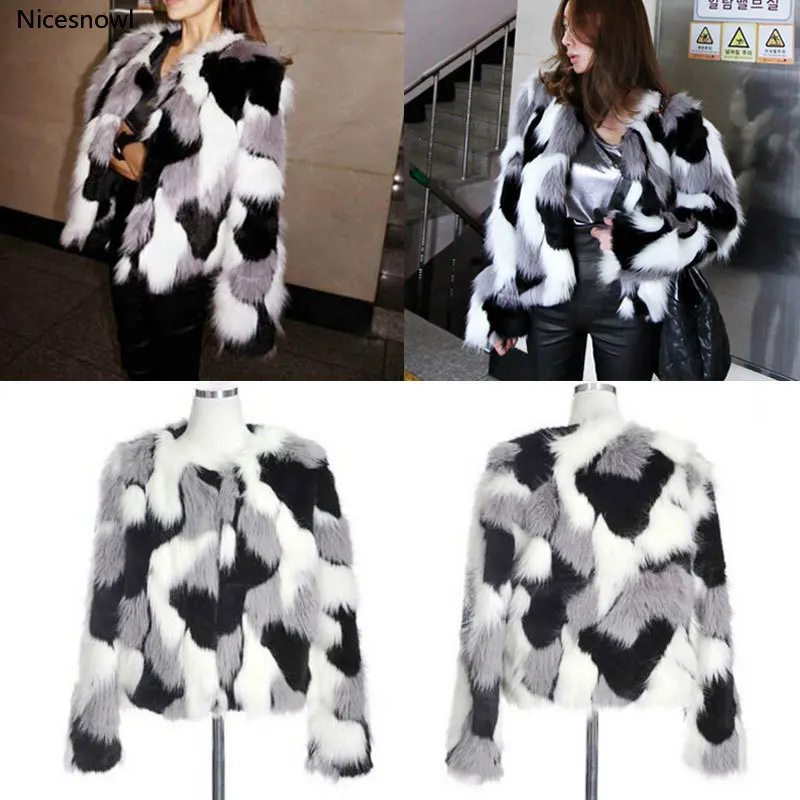

Winter New Imitation Fur Jacket Coat Big size Women's Loose Round Neck Short Ladies Mixed Color Coat Size XS-6X Outerwear