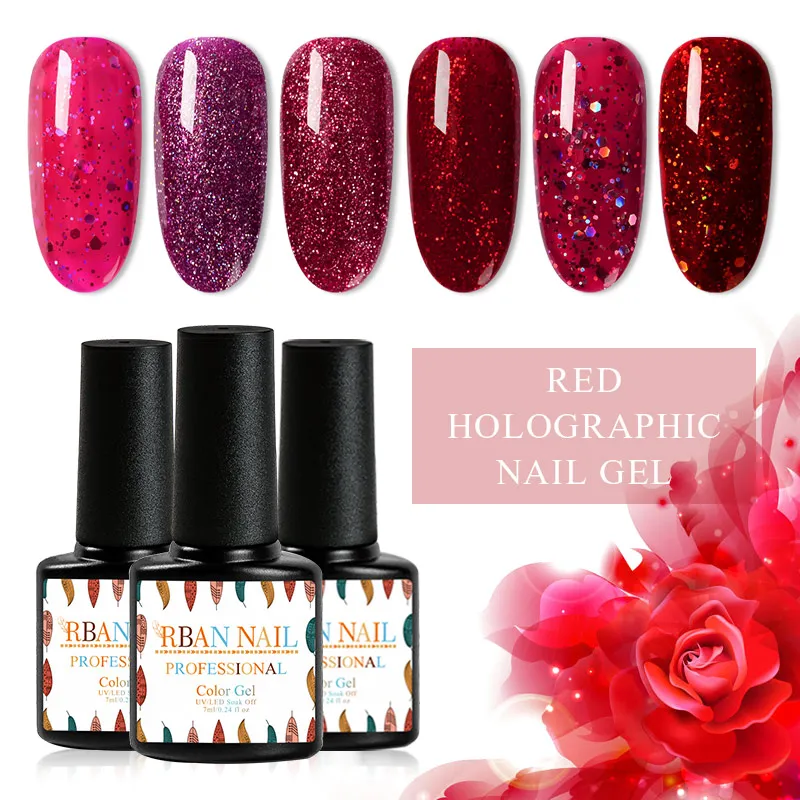 RBAN лак для ногтей красная серия голографический гель с блестками 7 мл Лак