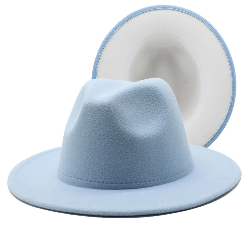 

New Mens Women Sky blue white Patchwork Wool Felt Floppy Jazz Fedora Hats Fashion Party Formal Hat Wide Brim Panama Trilby Cap
