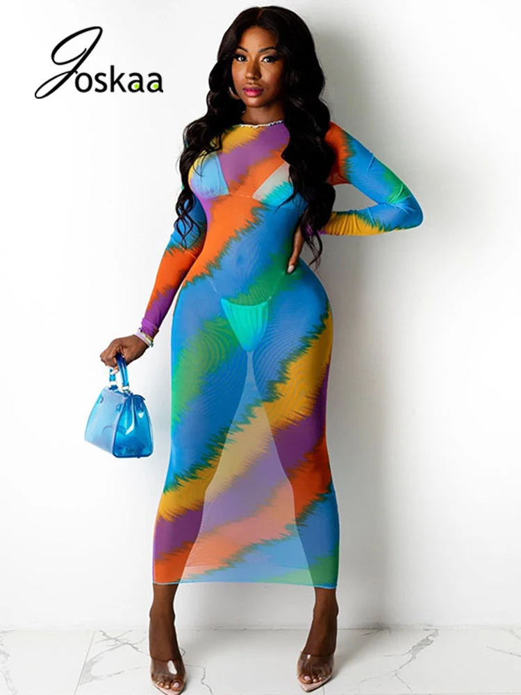

Женское облегающее платье с длинным рукавом Joskaa, модное пляжное платье для отпуска, лето 2021, сексуальное прозрачное платье макси для ночног...