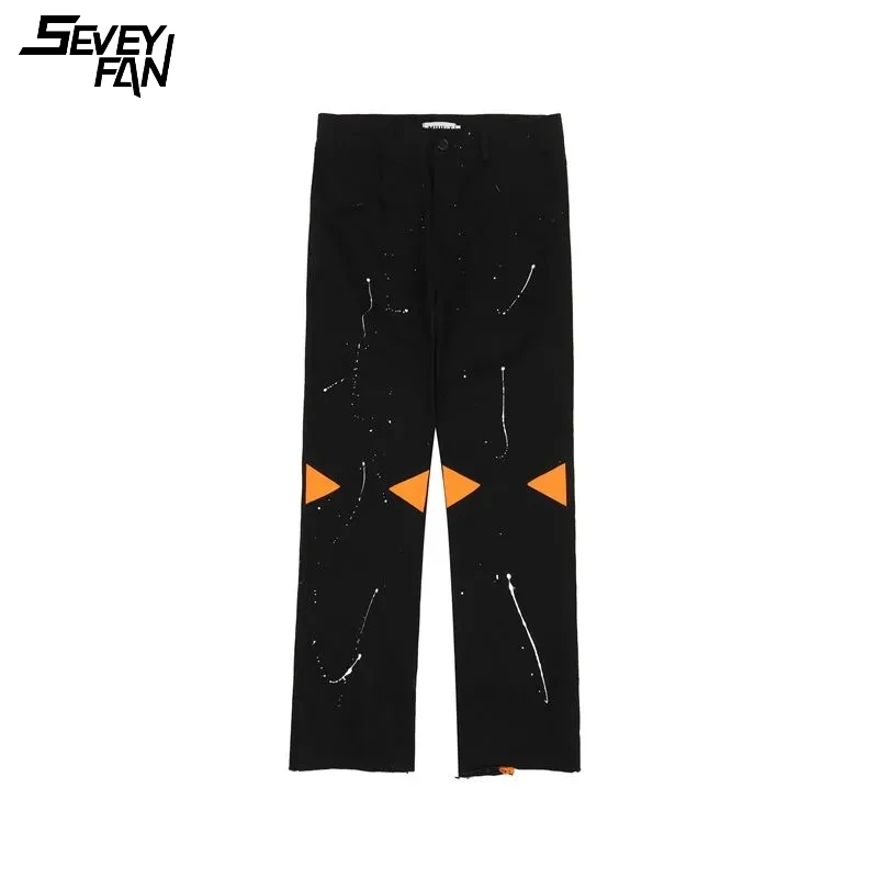 

Hi Street Flared Jeans Men Fashion Color Block Patchwork Printed Streetwear Hip Hop Denim Pants Harajuku Loose Jean Trousers