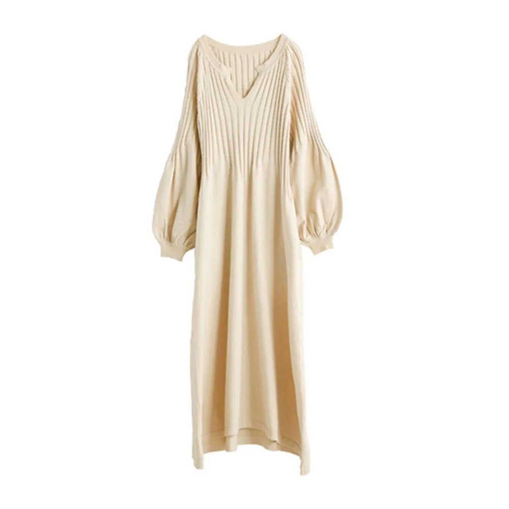 

Women Knitted Dress Autumn Winter Korean Japanese Style Solid Color Simple Casual Loose Lantern Sleeve A-Line Sweater Dresses