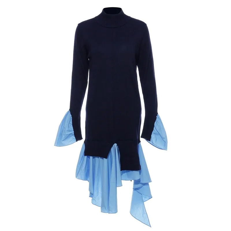 

Spring New 2021 Design Patchwork Femme Robe O-neck Long Sleeve Knitted Dresses Women Vintage Fake Two Piece Chic Vestidos 13A077