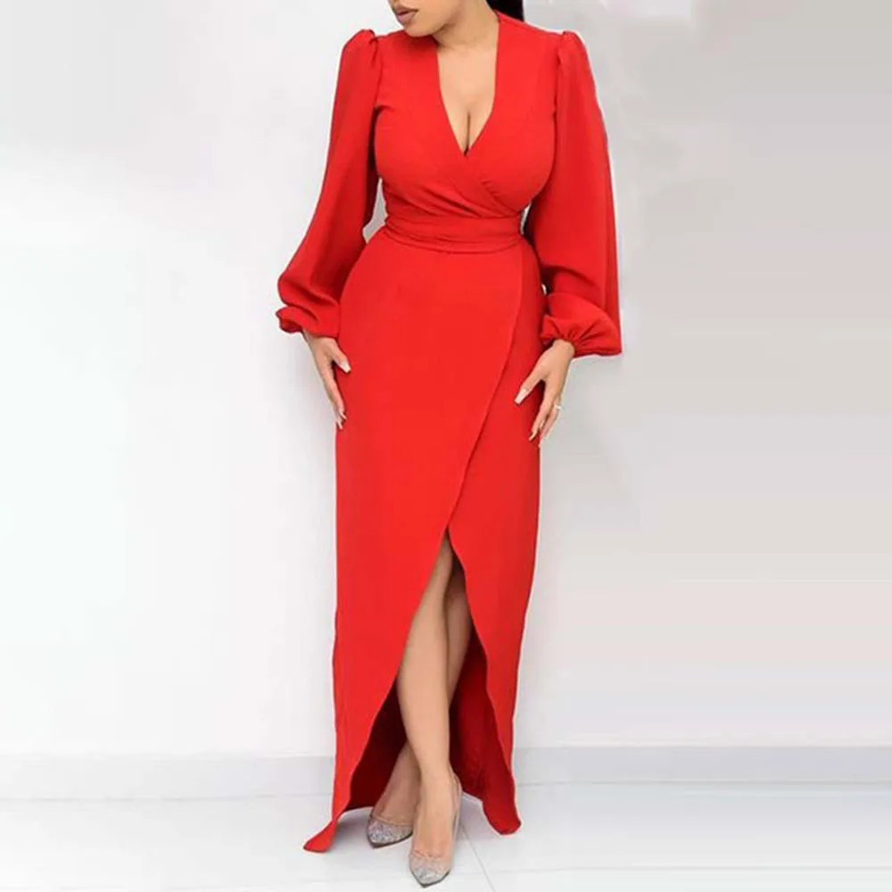 

Autumn New 2021 Europe America Women's Fashion Temperament Solid Color Dress V-neck Long Sleeve High Waist Split Fork Casual