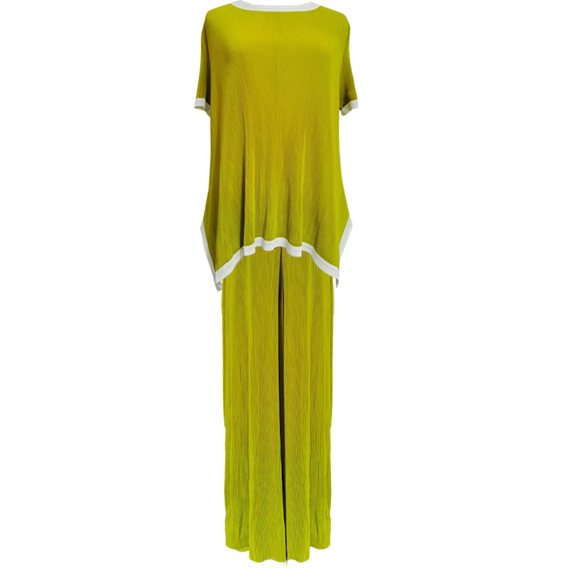 

HOT SELLING Miyake fashion fold stripesd three quarter irregular T-shirt + Wide leg pants striped set IN STOCK