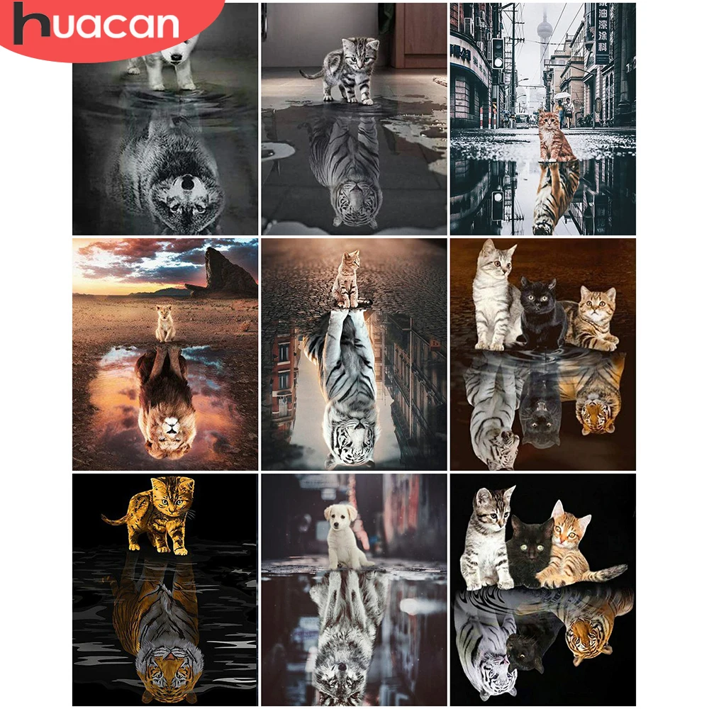 

HUACAN Painting By Number Cat Animal Kits For Adults Handpainted DIY Coloring By Number Tiger Lion On Canvas Home Decor