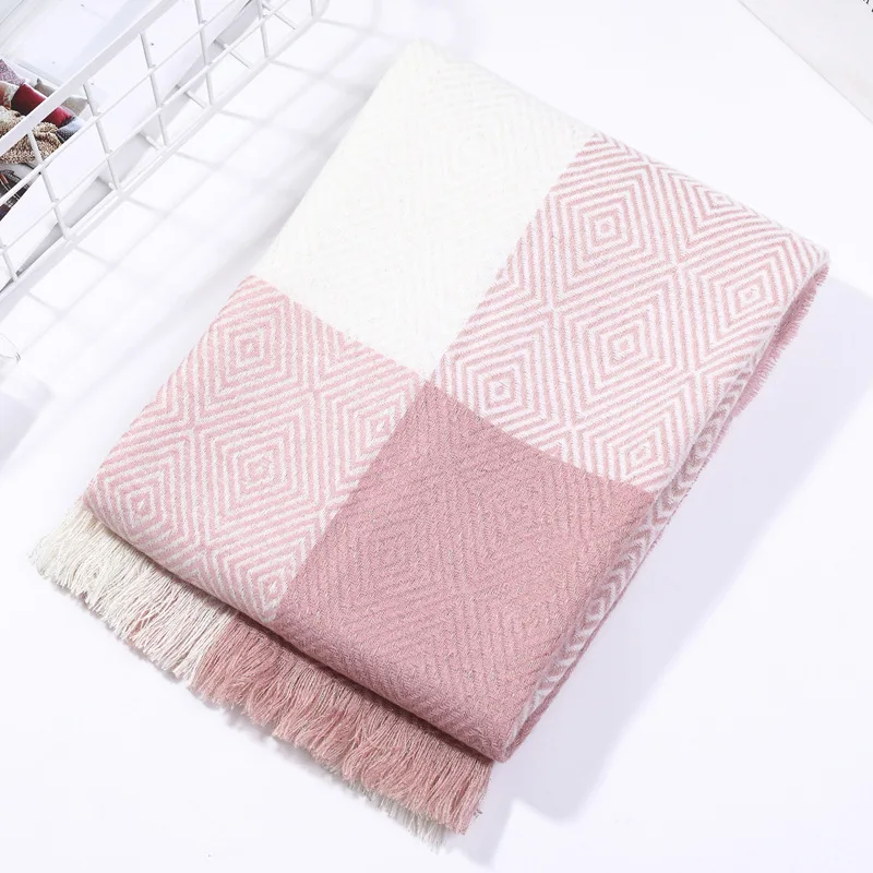 Pink White От производителя, стиль, осенне-зимний Японский Корейский Классический клетчатый шарф из искусственного кашемира с ромбами, настраиваемый - Color: Pink White