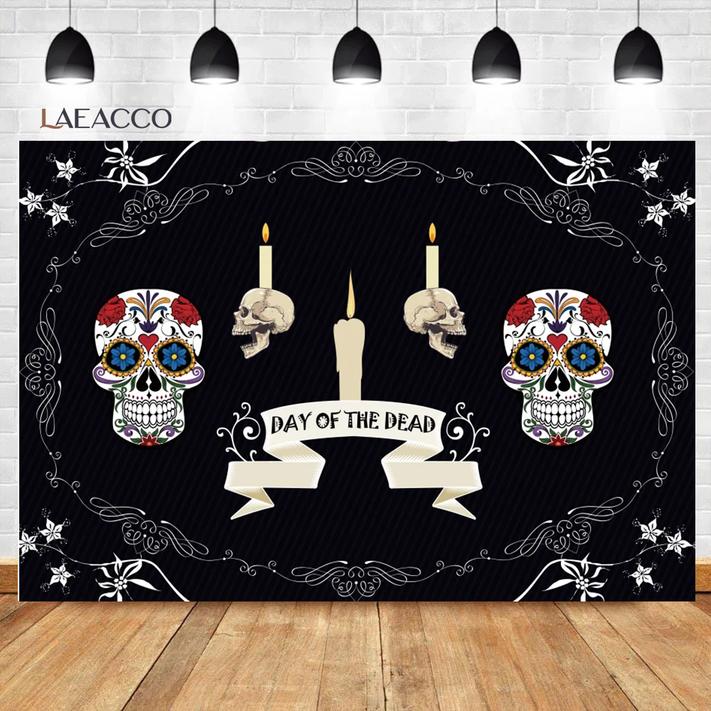 

Laeacco Day Of The Dead Family Memorial Ceremony Backgrounds Color Printing Candle Skeleton Skull Customized Photogphy Backdrop