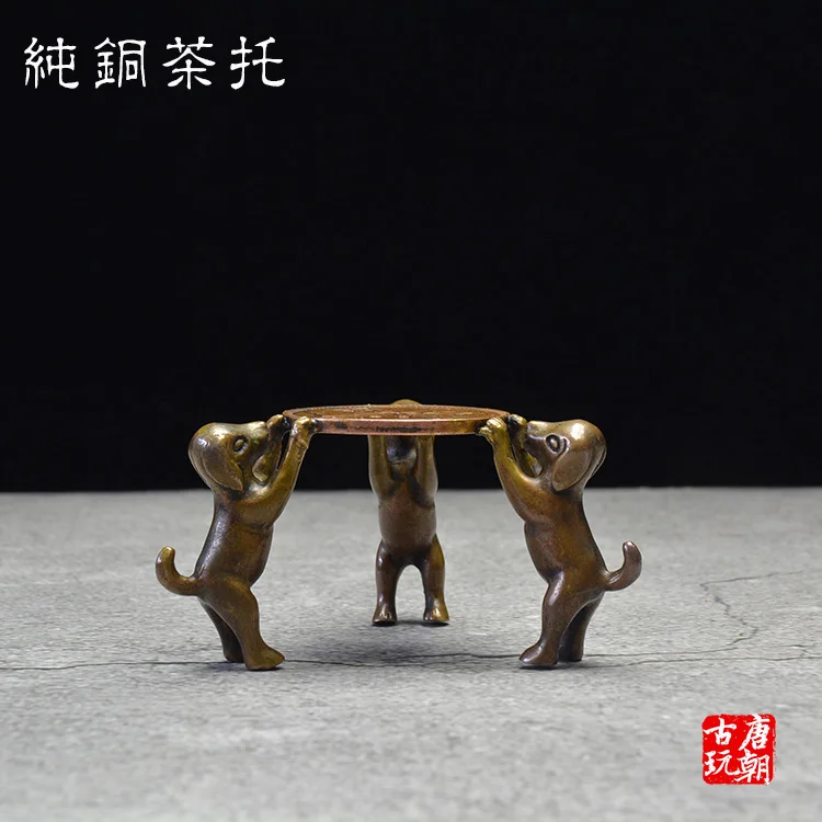 

Exquisite brass three puppies Holding coins Candlestick tea holder ornaments