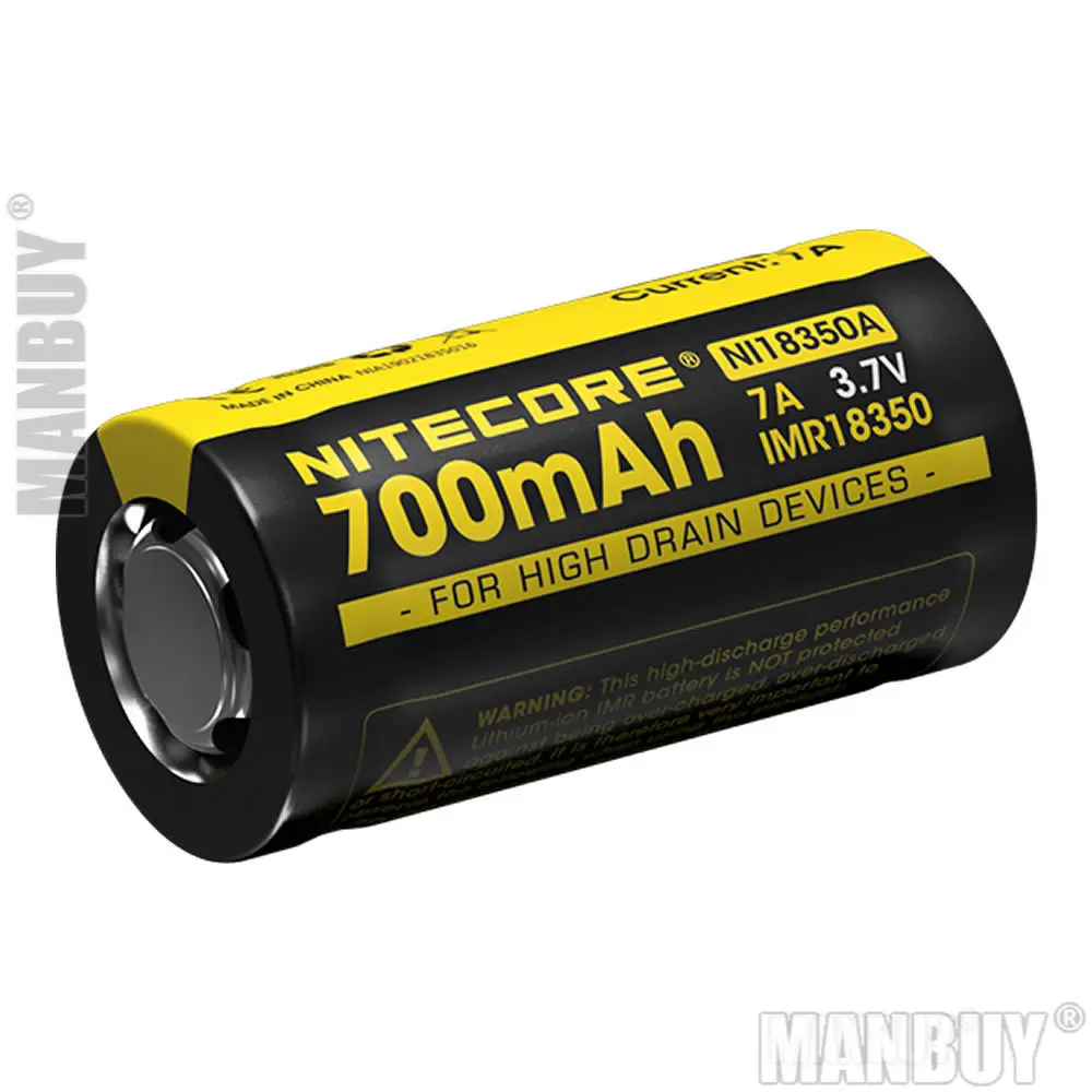 

2022 NITECORE IMR18350 7A 700mAh 3.7V 2.59Wh Lithium Rechargeable 18350 Li-ion Battery FOR High Drain Devices Flashlight