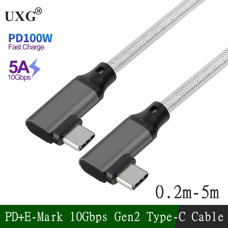 

10Gbps Gen2 Type-C USB 3.1 Male To USB-C Double Elbow Male Extension Data 100W 5A Charging Cable Extender Cord Reversible Design