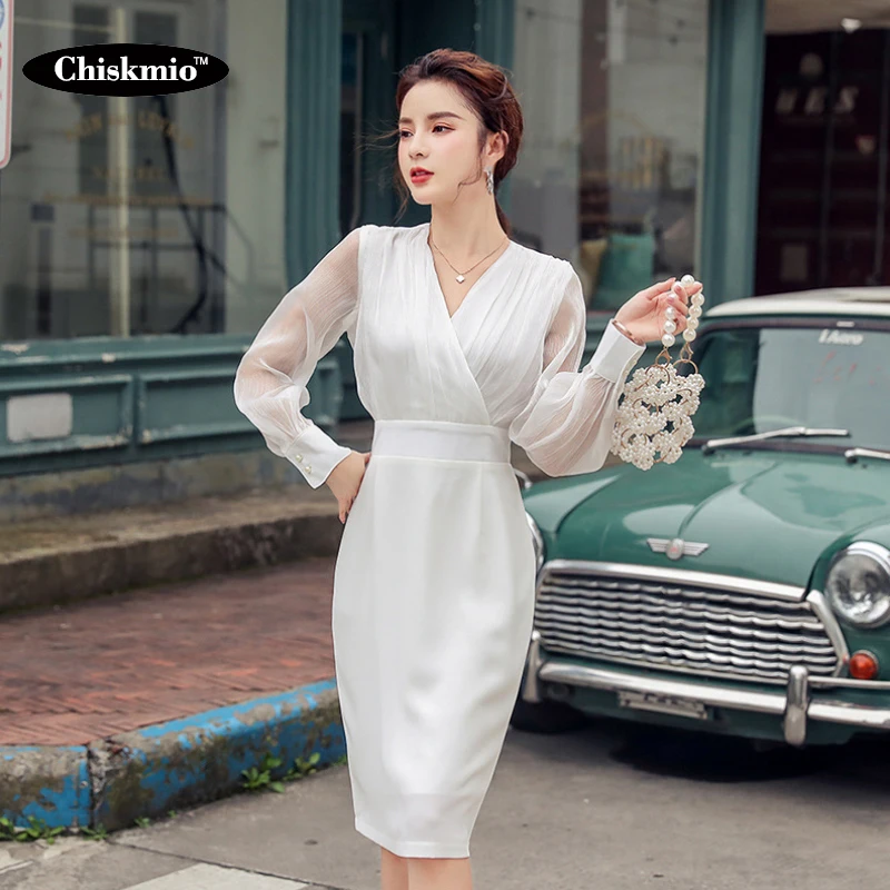

OL Korean Dress Women V-Neck High Waist Mesh Perspective Sleeve Elegant Office Ladies Dresses Robes Slim White Pencil Dress