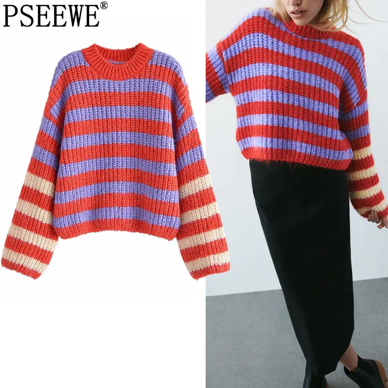 

PSEEWE Za Women Striped Sweater Woman Knitted Cropped Sweater Pullover Female 2021 Fall Fashion Preppy Long Sleeve Warm Sweaters