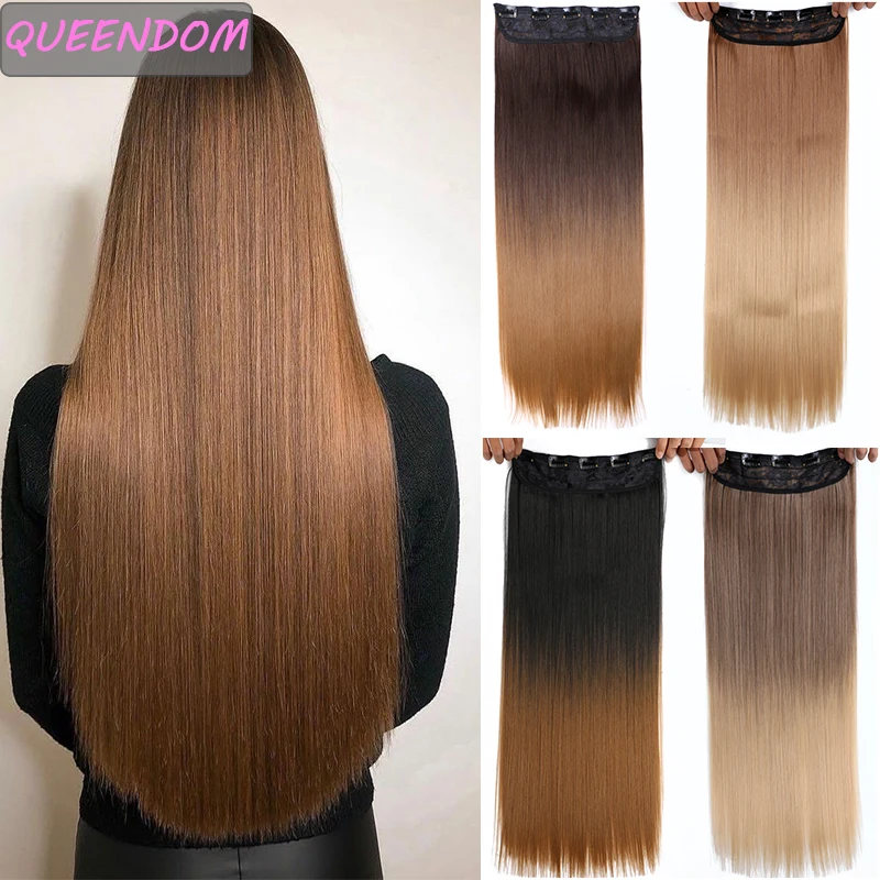 

Ombre 5 Clips Long Straight Clip In Hair Extensions Clip In One Piece Fake Hairpieces Synthetic False Hair Pieces Blonde Brown