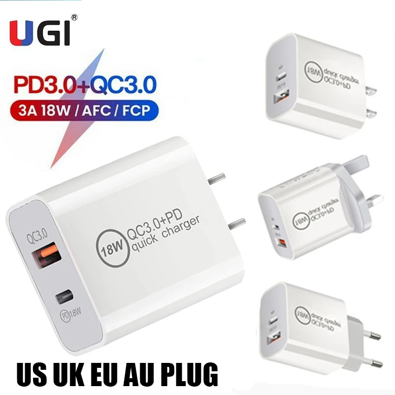

UGI 18W 3A PD Type-C QC3.0 USB Fast Charger Mobile Phone Quick US UK EU AU Adapter Plug For iPhone 12 Samsung Oneplus HTC USB C