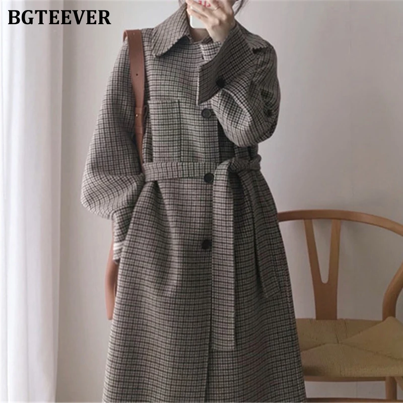 BGTEEVER винтажные свободные клетчатые женские длинные пальто зимние теплые