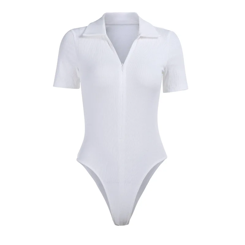 

2021 new women's summer zipper POLO neck short sleeve slim solid color jumpsuit