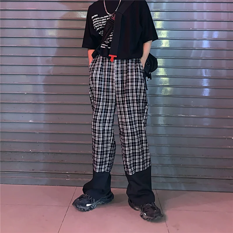 Брюки унисекс в стиле Харадзюку свободные длинные брюки клетку для мужчин и