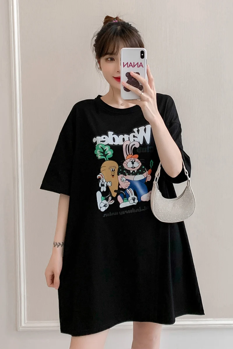 

TX Cartoon Printed Cotton Maternity Tees Summer Casual Large Size Loose T Shirt Clothes for Pregnant Women Pregnancy Long Tops