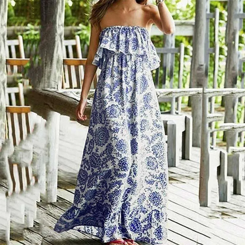 Женское пляжное платье без бретелек Boho синее длинное с цветочным принтом и