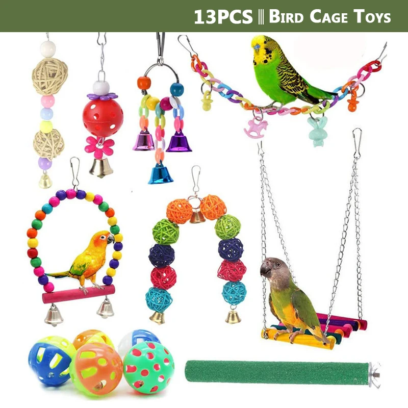

13pcs Bird Toys Set Swing Chewing Training Toys Small Parrot Bridge Wooden Beads Ball Bell Toys Parrot Cage Bell Perch Toys