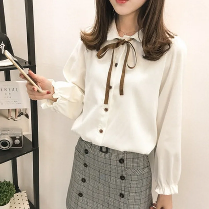 

QRWR Fashion Women Blouses 2021Square Collar Corduroy Bow Lantern Sleeves Shirt Korean Casual All-Match Blouses Women Cute
