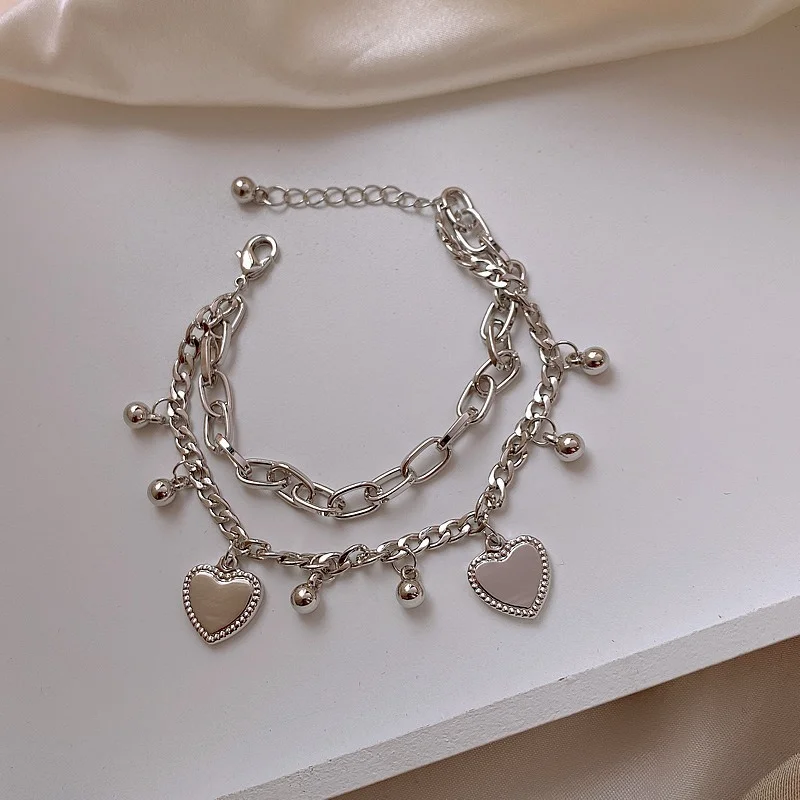

Minar Punk Double Layers Linked Chain Heart Bracelets for Women Silver Color Metal Beads Charm Bracelet High Street Accessories