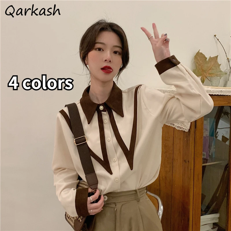 

Shirts Women Peter Pan Collar All-match Girls 4 Colors Design Tops Clothing Aesthetic Tender Basic Single-breasted Prevalent Ins