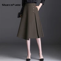 2021 autumn knee length skirts women simple fashion skirt elastic high waist temperament irregular hem a line skirt mid length