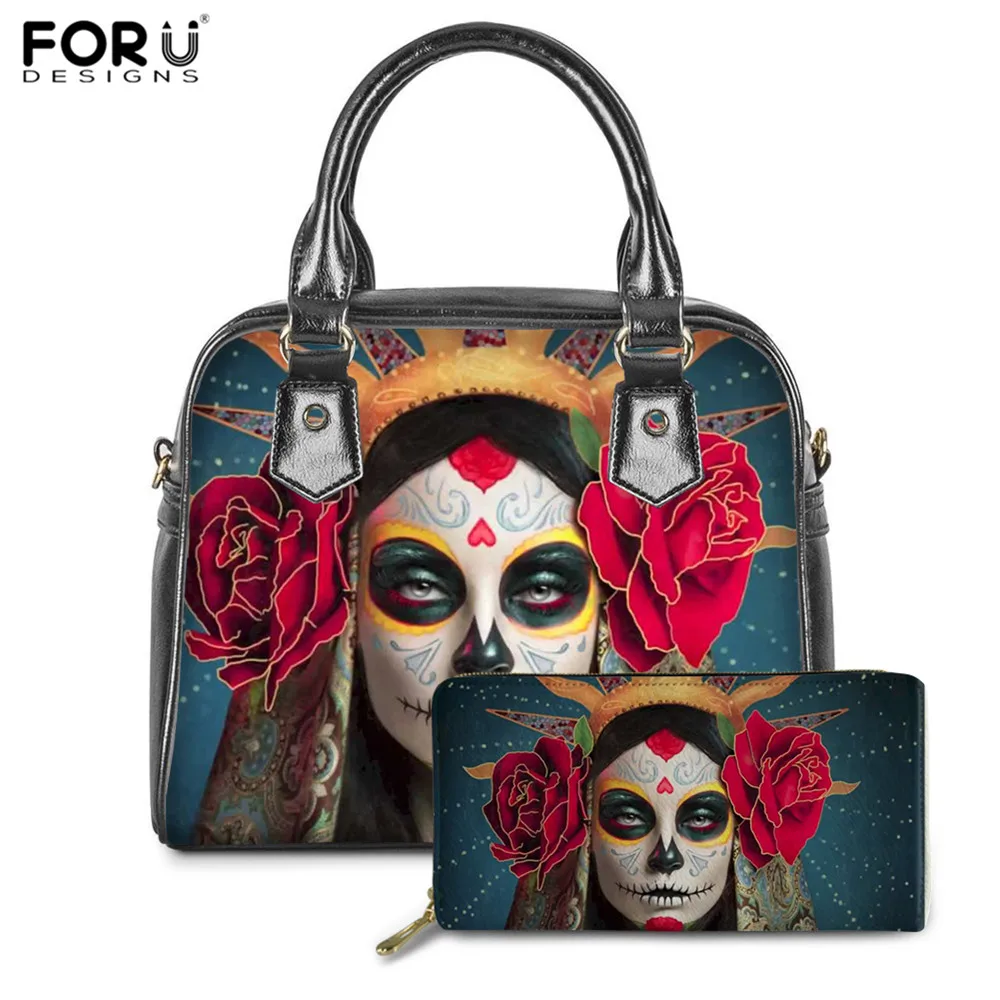 

Роскошные сумки FORUDESIGNS, женские готические сумки с черепом, брендовая сумка-мессенджер из искусственной кожи с принтом в виде сахарной розы,...