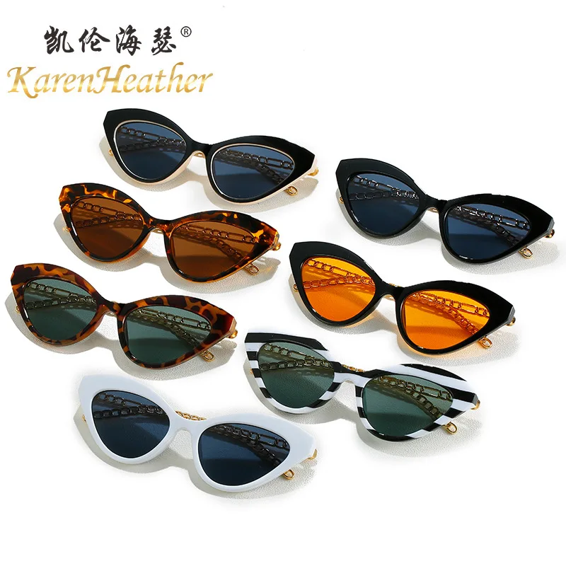 

New Retro Small Frame Cat Eye Chain Temple Sunglasses Brand Design Anti-ultraviolet UV400 Casual Sunglasses for Adult,Women,Men
