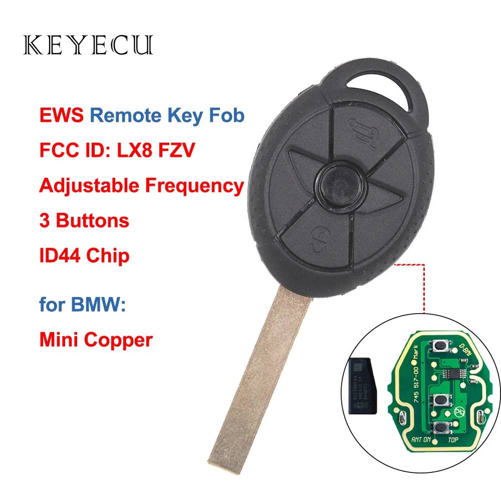 

Keyecu LX8 FZV EWS Remote Key 3 Button with ID44 Chip for BMW Old Mini Cooper S R50 LX8FZV- Adjustable Frequency 315 / 433MHz