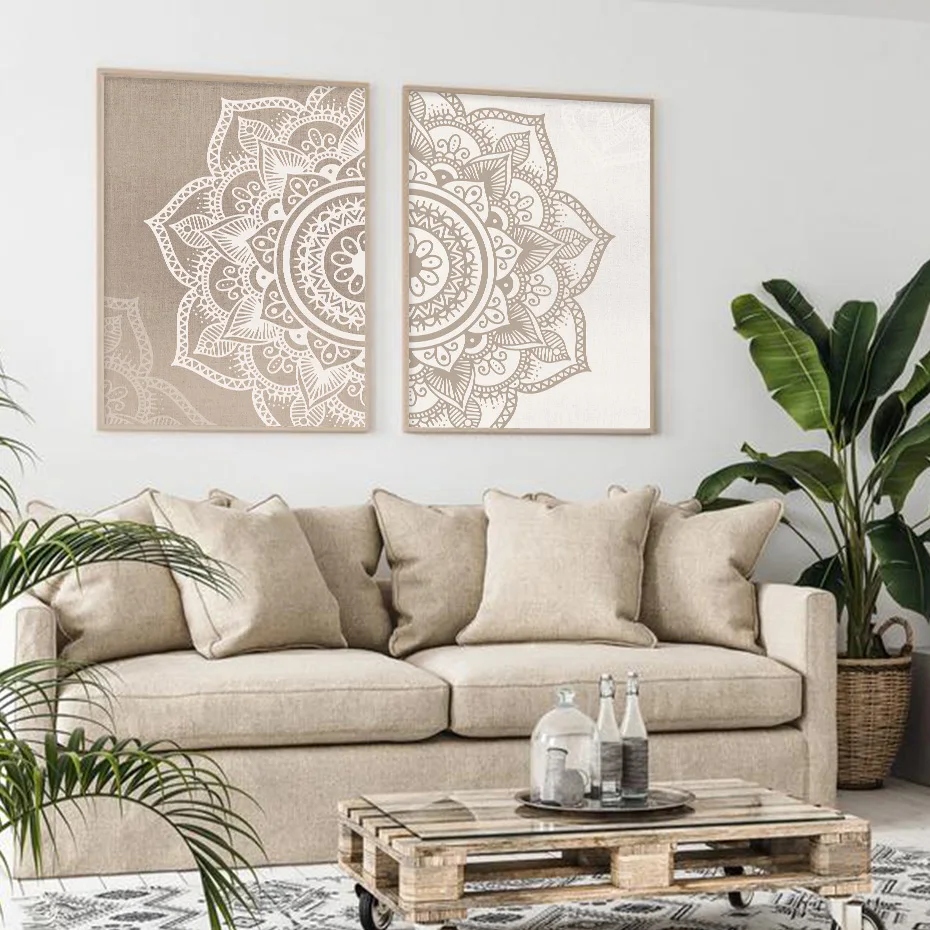 Мандала Цветочный бежевый нейтральные цвета настенный художественный принт в