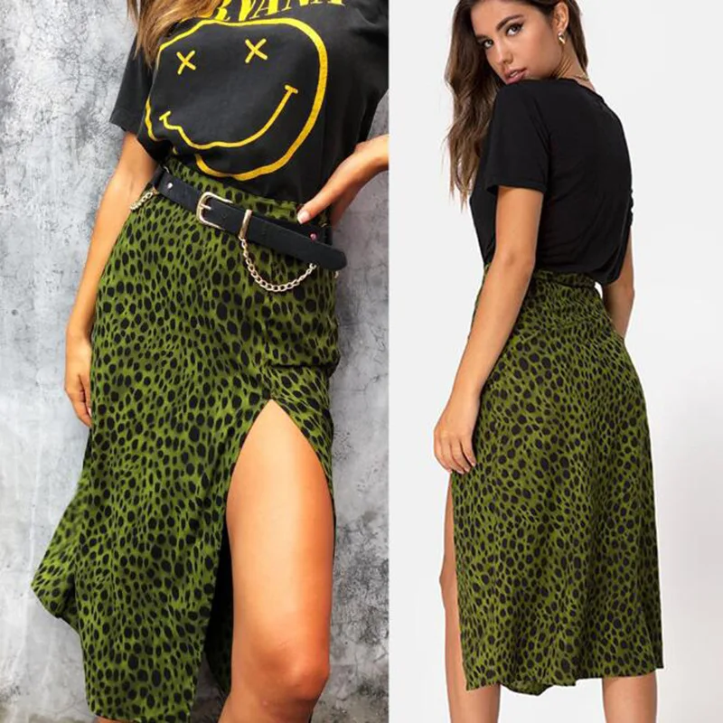 

Summer Women's Leopard Dot Print Skirt 2020 New Sexy High Waist Open Side Split Casual Party Skirts Female A-line Midi Skirt