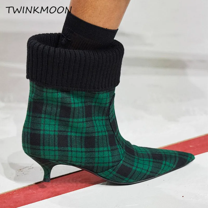 plaid green Vitage/клетчатые женские зимние ботинки; коллекция года; ботильоны; обувь на низком каблуке; теплая зимняя обувь; ботинки для подиума в стиле знаменитостей - Цвет: plaid green