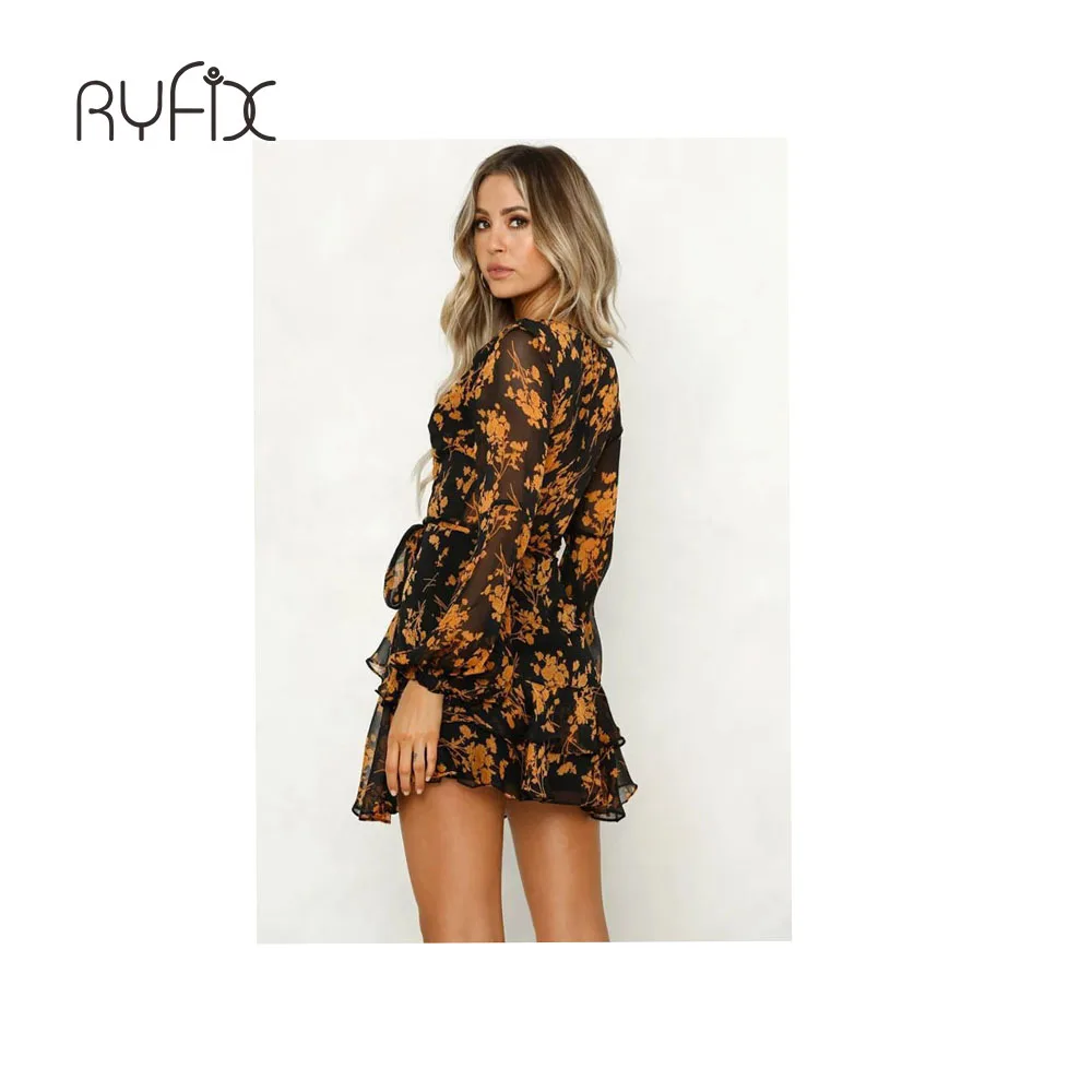 

2021 New Fashion Floral Print Tunic Women Dress Long Sleeve Autumn Elegant Tribal Flower Print Vocation Shirt Dress Chiffon BG67