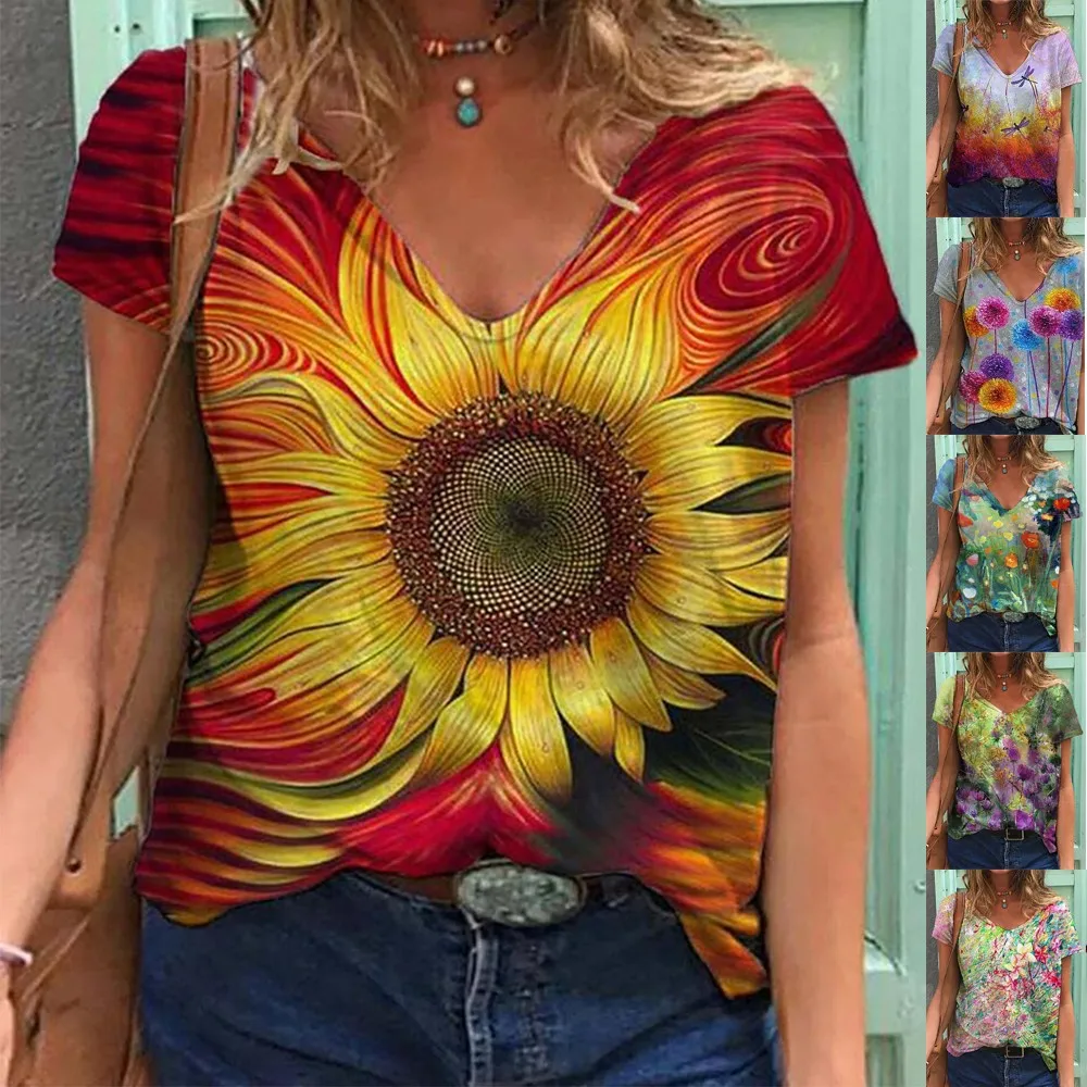 

T shirt Women V Neck Short Sleeve Flower Print Blouse Casual Baggy T-Shirt Tunic Tops Tees Boho Style Floral Graphic Tee X-4XL