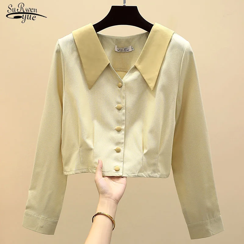 

2020 Осенняя мода Корейский воротник кукла универсальная рубашка с длинным рукавом Женские рубашки темпераментные женские топы полиэстер Од...