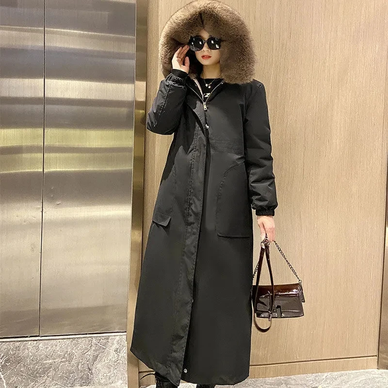 Fur Coat Women's 2021 Winter New Hooded Mid-Long Over-The-Knee Mink Otter Rabbit Fur Liner Detachable Imitation Fur Jacket Femal