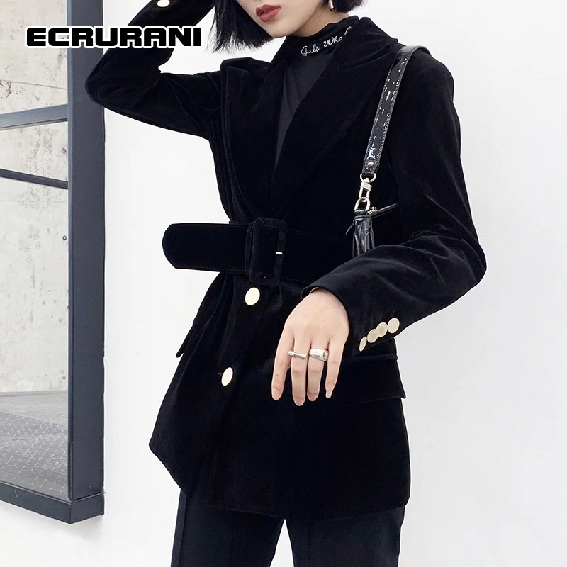 

ECRURANI пэчворк черные повседневные блейзеры для женщин с отложным воротником с длинным рукавом однотонный Salash элегантное женское пальто 2021 м...