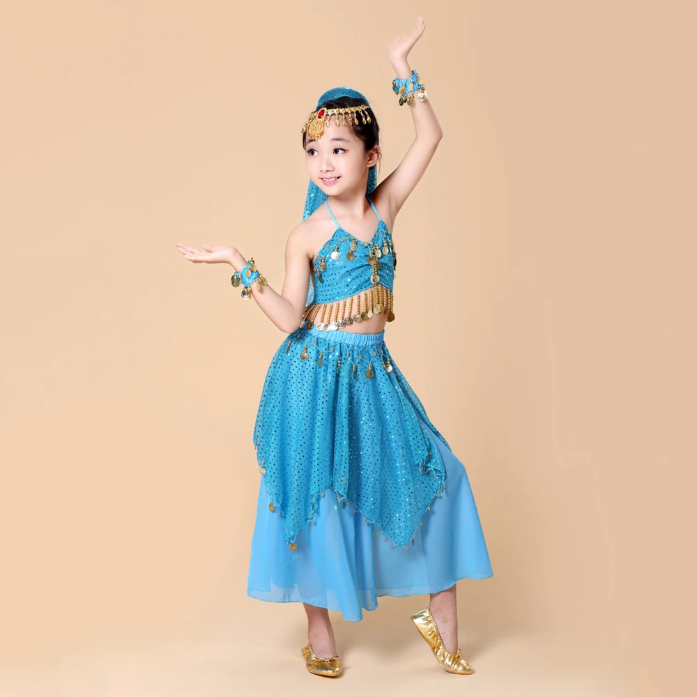 Дети Индия Детская Одежда для танцев танец живота 4 шт./компл. (топ + юбка браслет