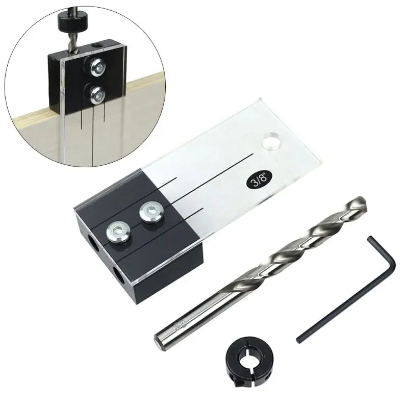 

3/8" 1/2" Acrylic Dowel Jig with Drill Bit Split Ring Stop Collar Vertical Drill Guide Hole Locator for Woodworking Tool