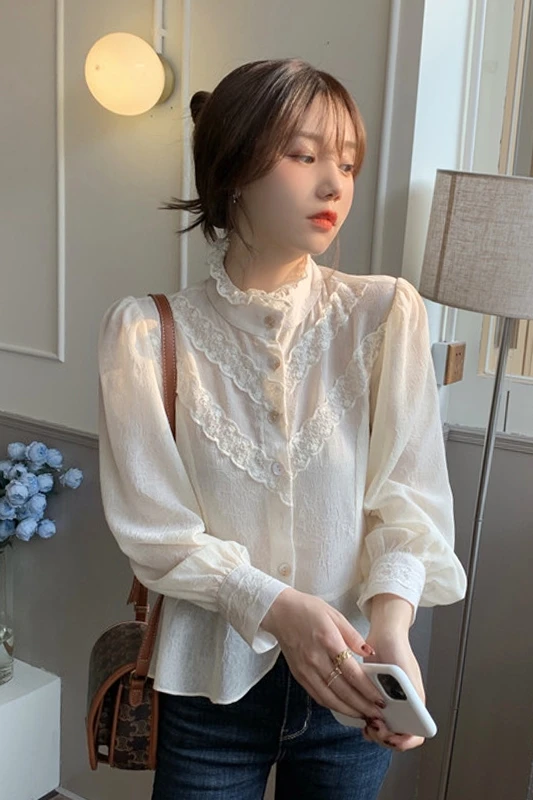 

Shirt Women Design Sense Minority 2020 New Spring And Autumn Apricot Long Sleeve Stand Collar French Girl Super Fairy Top