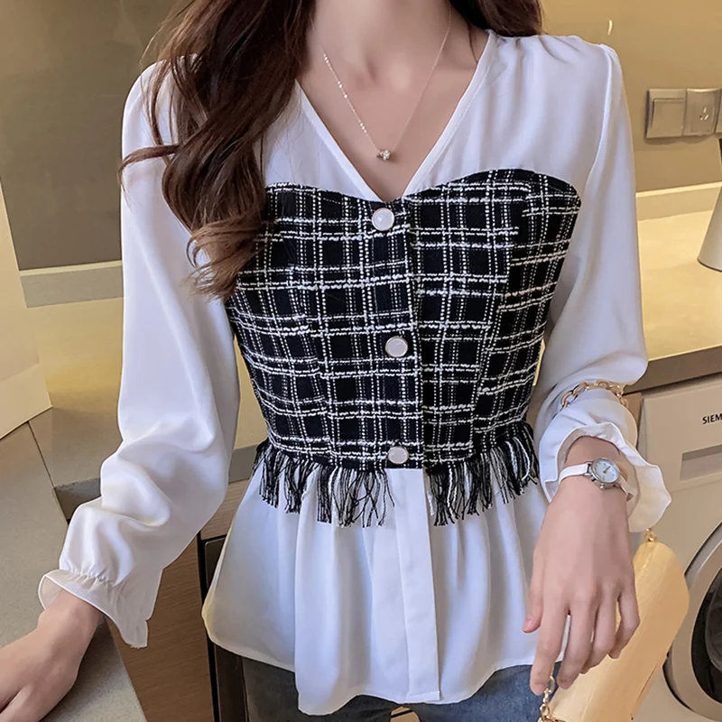 

LJSXLS Blusas De Mujer 2020 Fashion Patchwork V Neck Shirt Women Autumn Korean Style Loose Chiffon Blouse Long Sleeve Female Top