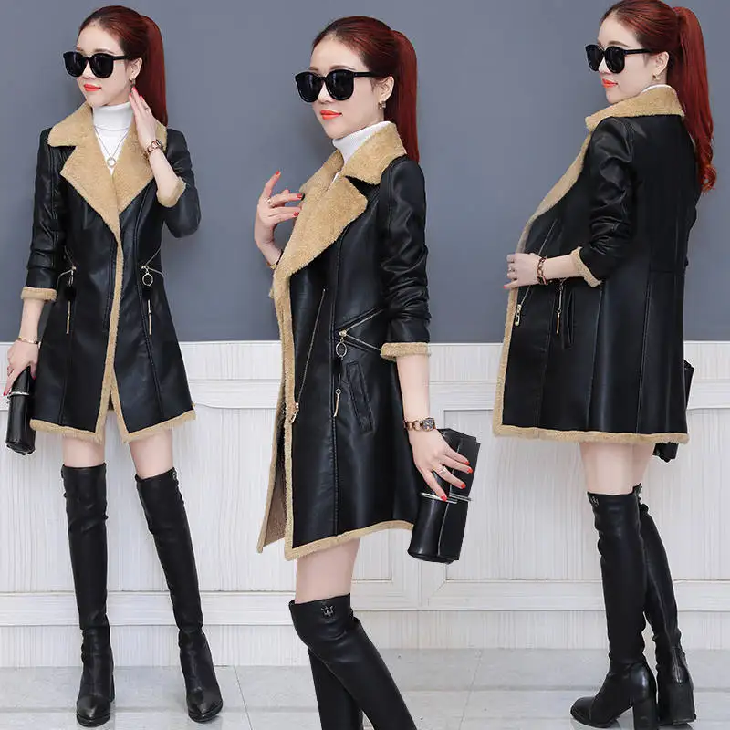 Кожаные женские длинные пальто осенние и зимние теплые тонкие куртки кожаные