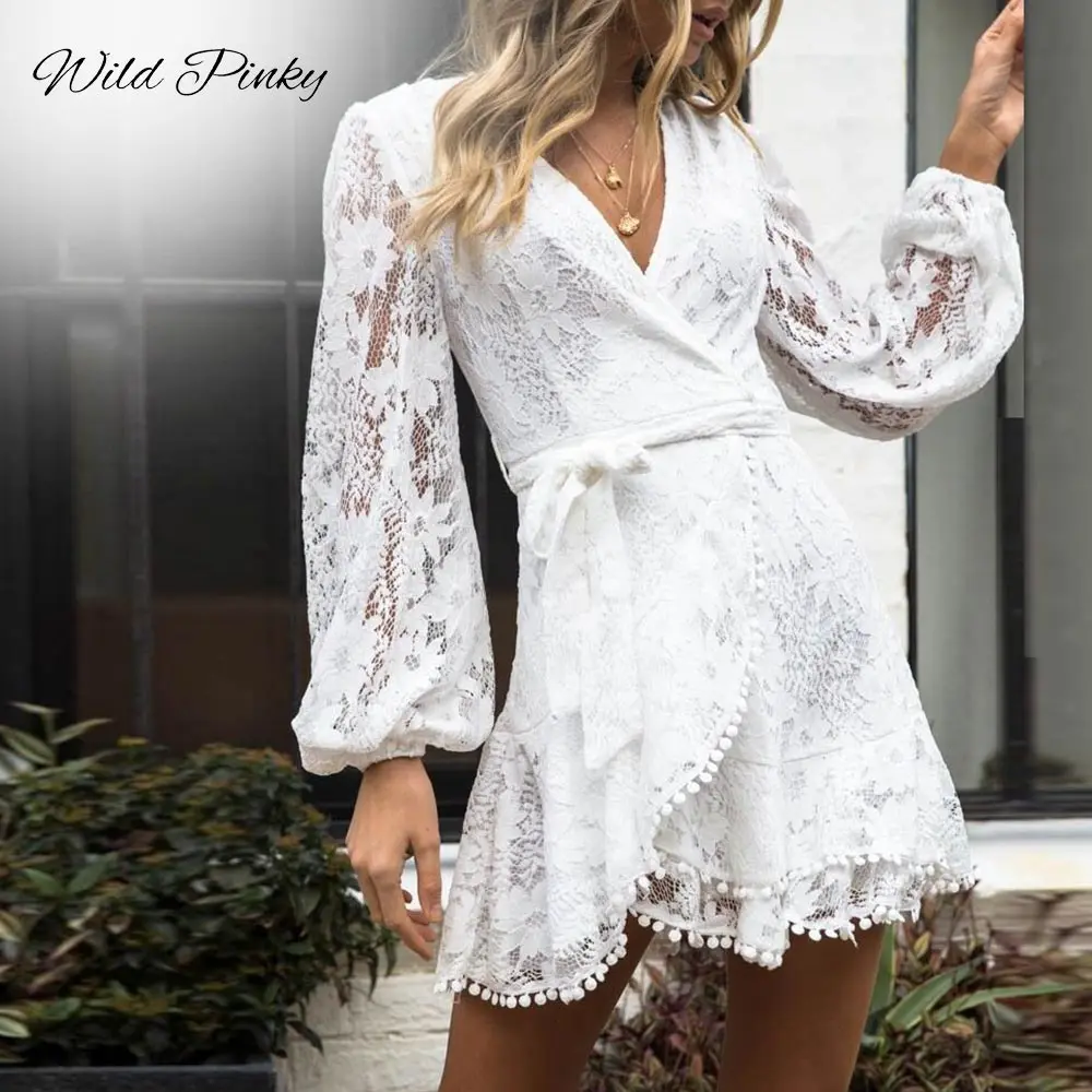 WildPinky Women Autumn Winter Short Dress Female 2020 Fashion Lantern Sleeve Mini White Lace Ruffles Chic Tassels Vestidos | Женская