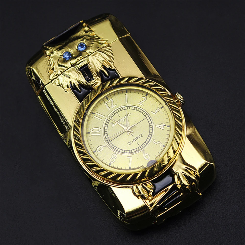 Роскошные золотые часы, многоцветный свет, газовый факел с турбированным нагнетателем, заправленный бутаном, ветрозащитная зажигалка для сигар и сигарет.