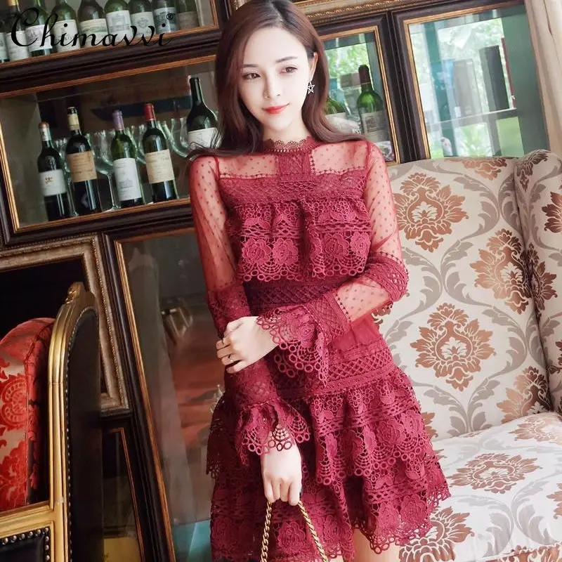 

Socialite Elegance Vintage Sexy Mini Dress Women Spring Mesh Cutout Lace Stitching Cake Dress High Waist Slimming Formal Dress
