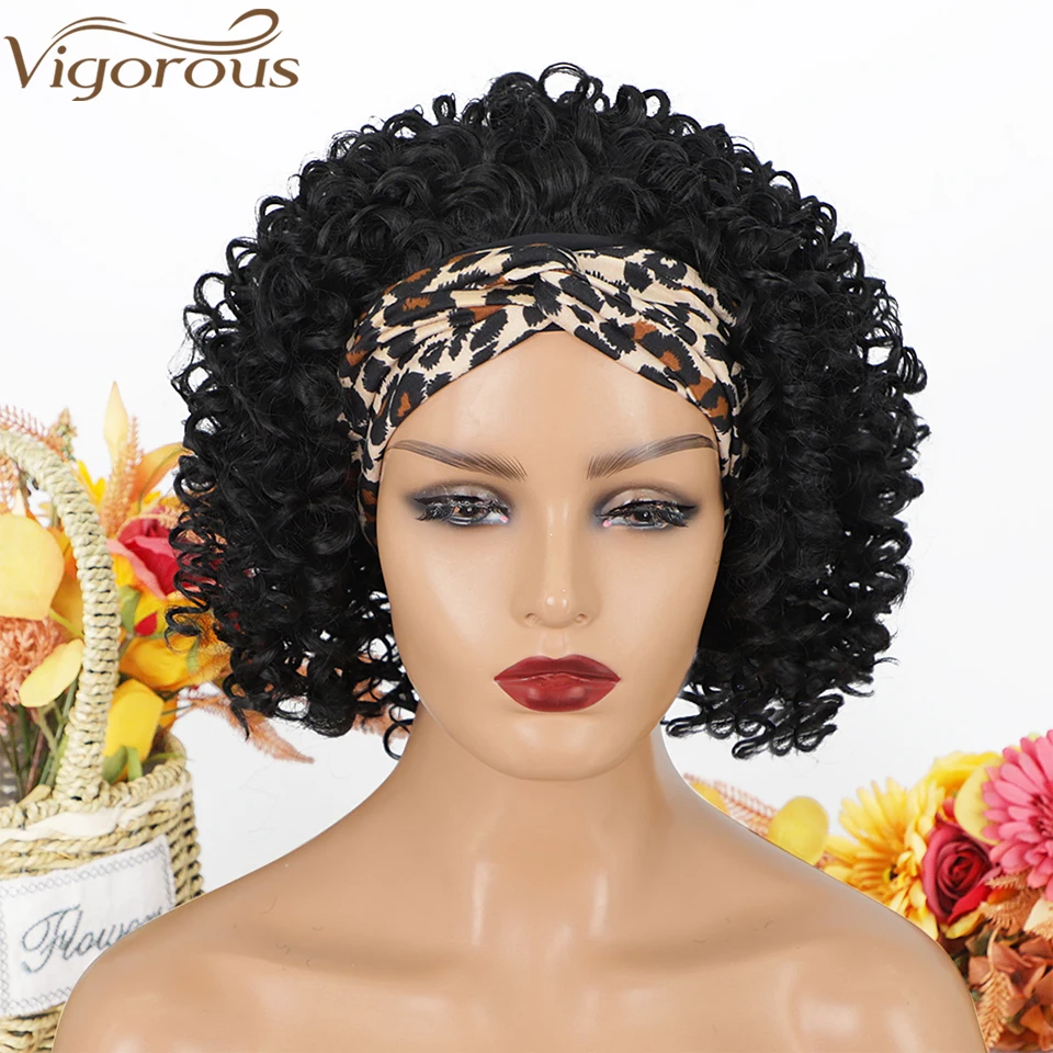 

Энергичный короткий кудрявый парик с головной повязкой синтетический черный парик с головной повязкой s для женщин естественный вид женски...